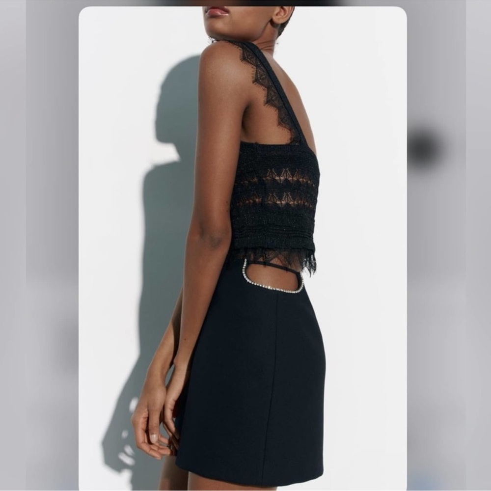 Zara black side cut off reinstones mini skirt - Picture 2 of 5